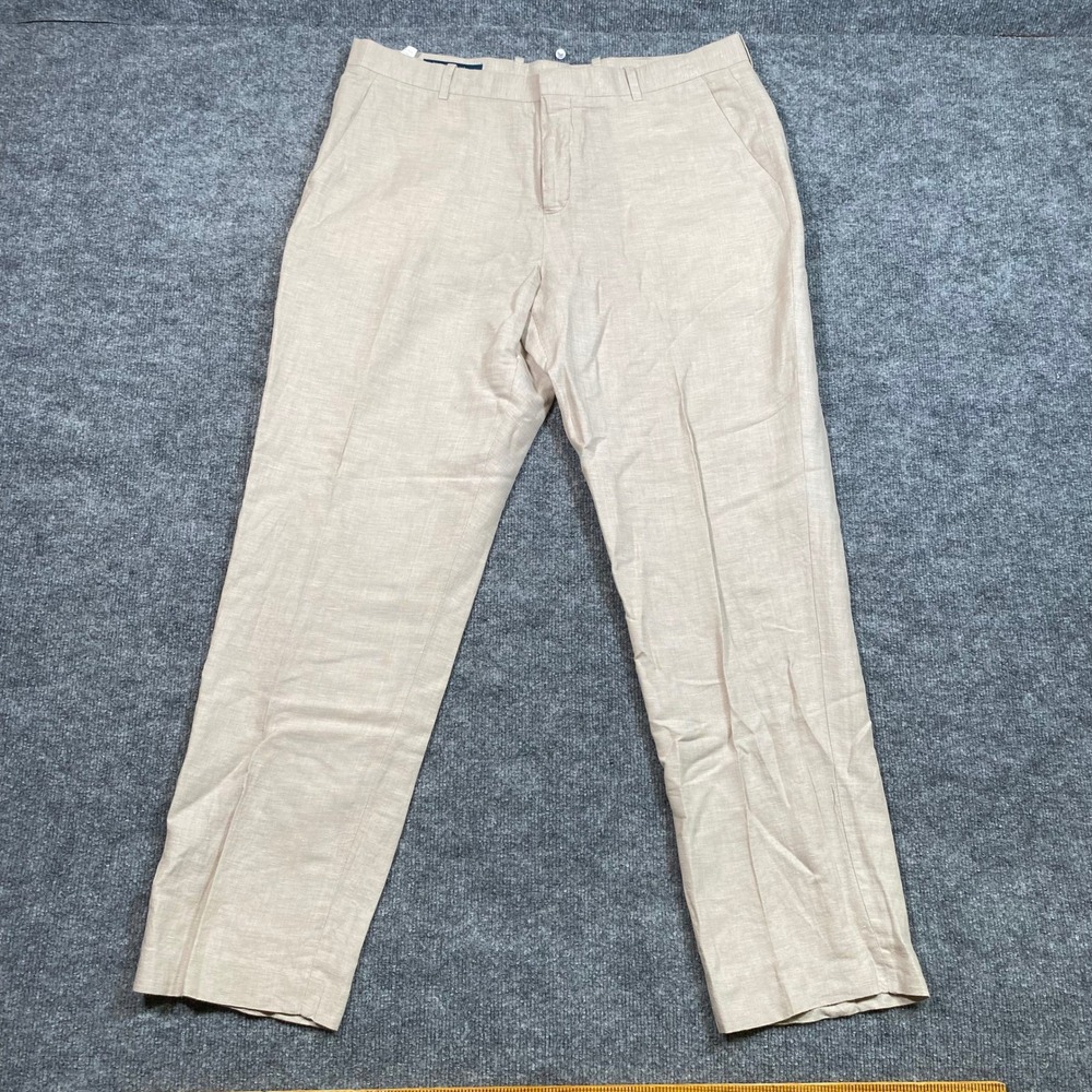 Perry Ellis Mens Tan Linen Blend Flat Front Dress Pants Trousers 38x32 Beige